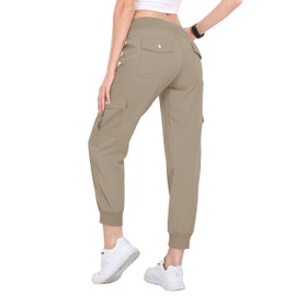 MoFiz Women's Cargo Joggers Lightweight Quick-Dry Elastic Waist Summer Pants for Hiking, Golf & Outdoor Travel, Relaxed Fit with Snap Pockets & Ankle Cuffs Khaki S