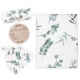 BabyWhale Muslin Swaddle Blanket with Hat and Headband Bow, Boho Green Eucalyptus Leaves Swaddle Set for Newborns, Breathable Receiving Blanket Wrap, Large 47x47 inches