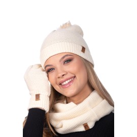 HEYO HZ0003 Women's Winter Hat Tube Scarf Gloves Set Winter Knitted Warm Hat with Scarf and Winter Gloves, beige