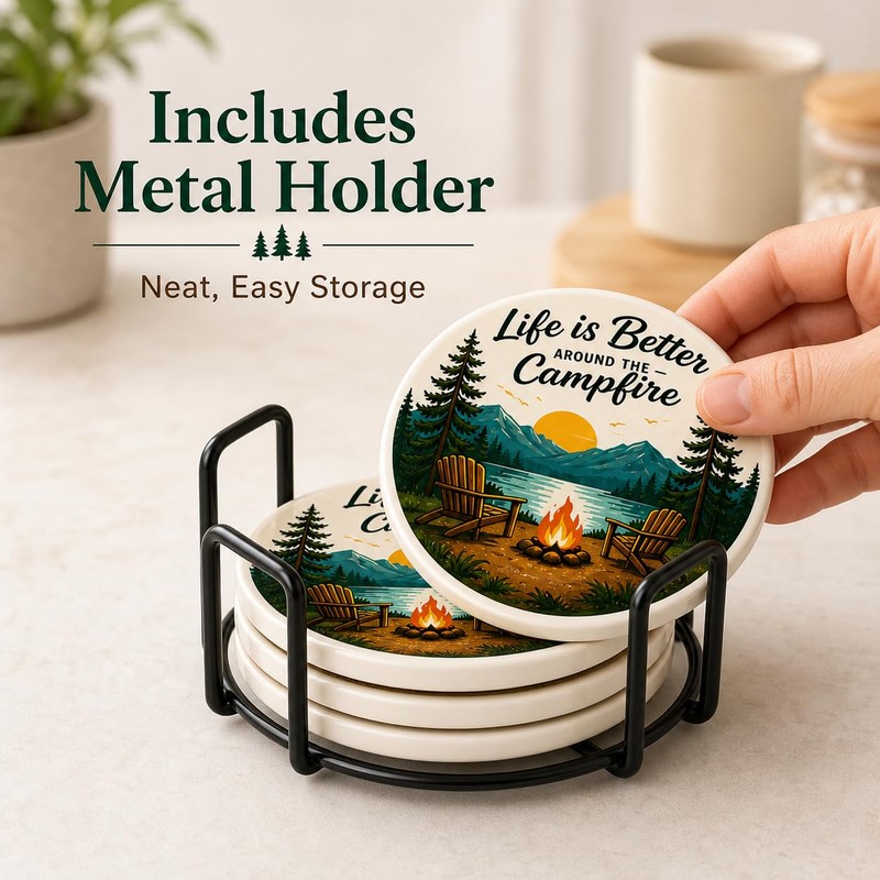 Outdoor Coasters for Drinks, Ceramic Coaster Set of 4 with