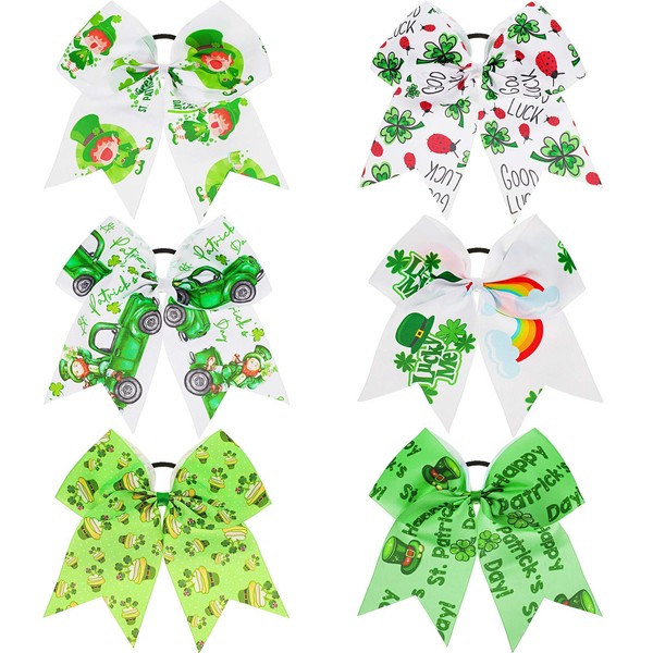 6 Pieces St. Patrick's Day Hair Bows Hair Ties 6 x 4 Inch Irish Day Shamrock Hair Bands Ponytail Holders Handmade Hair Accessories for St. Patrick's Day Party Girls Hairstyle Decorations