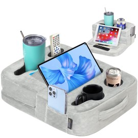 TabCouchCaddy - Couch Cup Holder Tray Pillow - Bed, Couch Caddy, Sofa, RV & Car - Holds Drinks, Snacks, Remotes, Phones, Kindle, Tablet | Bed Cup Holder (Grey)