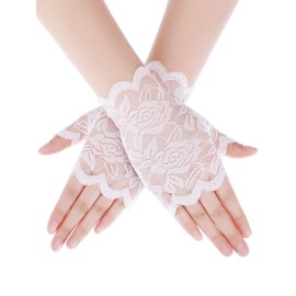 Short Fingerless Lace Gloves Tea Party Accessories for Women Short Bridal Floral Lace Gloves 80s Tea Party Gloves(White)