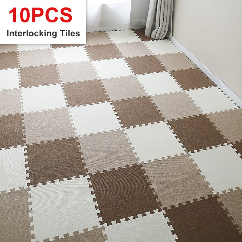 10pcs Cotton Linen Interlocking Carpet Tiles Anti Slip Floor Protection