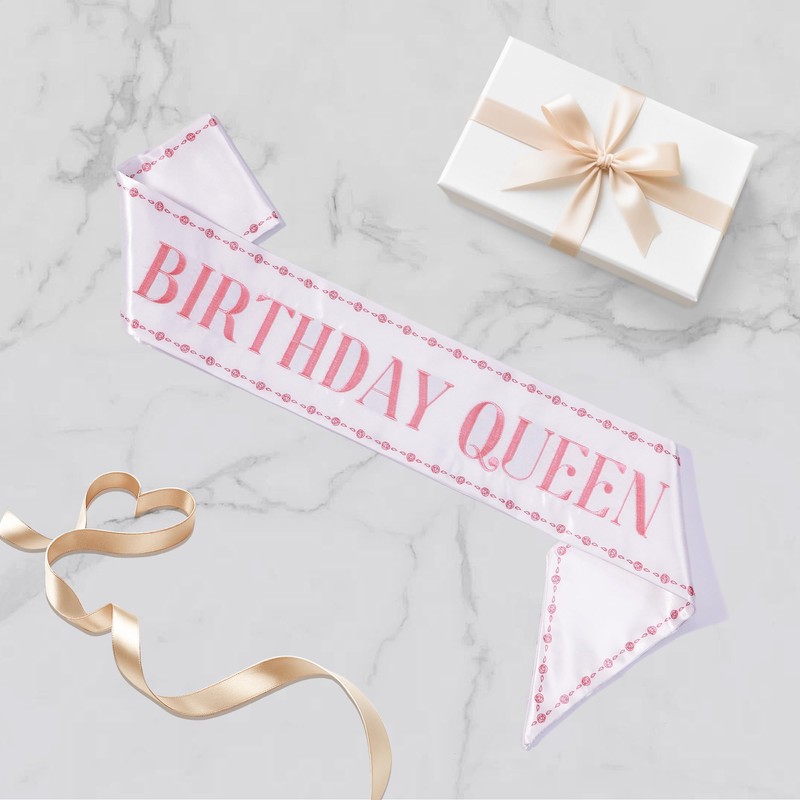 Party to Be Birthday Queen Sash White Embroidered Sash for