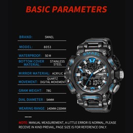Men's Fashion Watch, Outdoor Sports Analog Digital Waterproof Electronic Watch, LED Backlight Multifunction Chronograph, Date Included, Alarm, Stopwatch, Transparent Grey