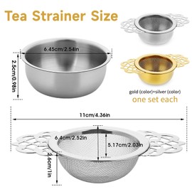 2 Pack Small Fine Mesh Tea Strainers with Bowl, Stainless Steel Mesh Tea Infuser, Silvery Tea Strainers for Loose Tea Single Cup (Gold+Silvery)