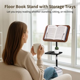 Floor Book Stand with 2 Removable Trays, Adjustable Height Wood Reading Stand for Bed or Sofa, Music Stand Book Holder for Music Sheet, Tilt and Rotate Laptop Holder, Portable Podium Stand