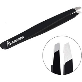 Amorux Tweezers for Facial Hair Women & Men Professional Stainless Steel Black Colour Coated Precision Tweezers Slant & Tip Eyebrow Tweezers for Ingrown Hair Tweezers