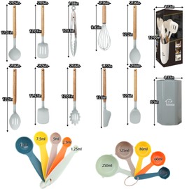 Bebiger Kitchen Cooking Utensils Set, 19 pcs Non-Stick Silicone Cooking Kitchen Utensils Spatula Set with Holder, Wooden Handle Silicone Kitchen Gadgets Utensil Set, Grey