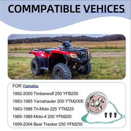 One Way Bearing Starter Clutch Gear Kit w/Gasket for Yamaha Timberwolf Bear Tracker 250 YFB250 YFM250 Tri-Moto 225 Moto-4 Yamahauler 200 YFM200 1983-2004