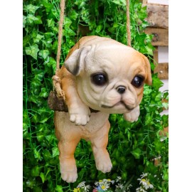 Lifelike American Bulldog Puppy Dog On Branch Swing Hanger Wall Decor Figurine