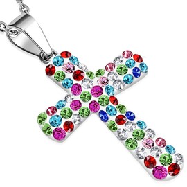 My Daily Styles Fashion Alloy Multicolor CZ Religious Latin Cross Pendant Necklace, 18"