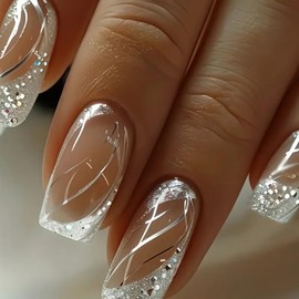 LOPMNGHT Press on Nails Medium Square Silver Lines Design Full Cover Fake Nails Glitter Powder French Tip Press on Nails Artificial Coffin Nails Square Stick on Nails Glossy Glue on Nails for Women