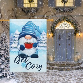 Louise Maelys Welcome Winter Gnome Garden Flag 28x40 Double Sided, Burlap Large Get Cozy Blue Coffee Pine Trees Garden Yard House Flags for Christmas Winter Outside Outdoor House Decor (ONLY FLAG)
