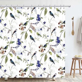 Hykiee Shower Curtain, Flowers, Bird, White Rustic Vintage Shower Curtain, Shower Curtain, Anti-Mould, Waterproof, Polyester, Washable, Modern Bathroom Curtain with 12 Hooks, for Bathroom Decoration