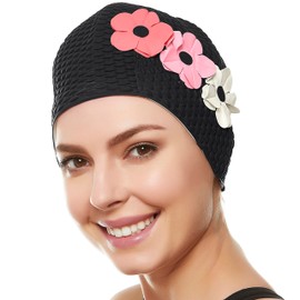 BEEMO Swim Bathing Caps for Women Latex Triple Flowers-Black w/Pink, Green, Royal Flowers