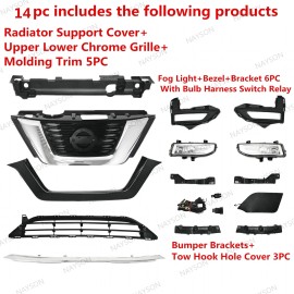 NAYSON 14PC For Rogue SUV 2017-2019 Front Chrome Grille Mesh Fog lights Bumper Brackets