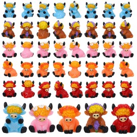 50 Pcs Mini Resin Highland Cow Flower Mini Highland Cows Figurines Cute Tiny Highland Cow Statue for Desktop Moss Landscape Vase Cake Decor Party Favors