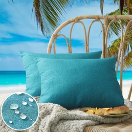 FEVERQIYI Outdoor Lumbar Pillow Covers Decorative Garden Teal Cushion Case Pack of 2 Waterproof PU Coating Rectangular Pillow Shell for Patio, Porch and Balcony 12x20 Inch 30x50cm