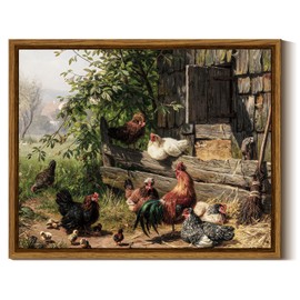 InSimSea Framed Canvas Wall Art Funny Running Chicken and Chicken Coop Wall Decor Rustic Farmhouse Painting Country Wall Prints Bedroom Chick Artwork Rooster Pictures for Living Room Bathroom 8x10in