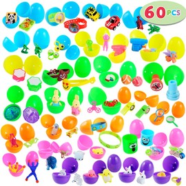 JOYIN 60 Toys Filled Easter Eggs, Colorful 2.5” Bright Prefilled Plastic Easter Eggs with 30 Kinds of Popular Toys for Easter Eggs Hunt, Basket Stuffers/Fillers, Classroom Prize Supplies