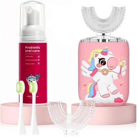 Kids Electric U Shaped Toothbrush Unicorn Rechargeable Sonic Toothbrush with 4 Soft Brush Heads with Kid Watermelon Toothpaste IPX7 Waterproof:_pink 2-6 years old