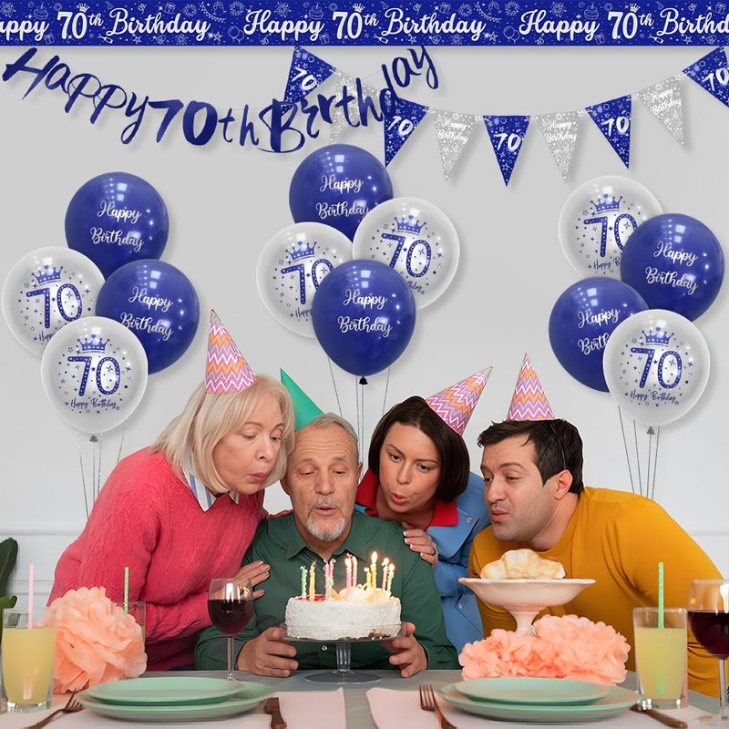 Mens 70th Birthday Decorations - Blue, Silver & Navy Happy