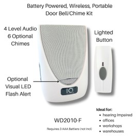 Battery Powered Wireless Portable Door Bell Chime with Visual Alert Kit, 6 Chime tones, 4 Volume Levels, 1 Button White