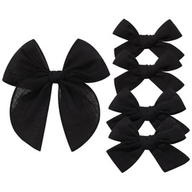 YHXX YLEN 5PCS Black Cotton Linen Hair Bows for Girls Handmade Alligator Clip Hair Accessories for Babies Infant Toddlers Kids(5inch×1, 4inch×2, 3.5inch×2)