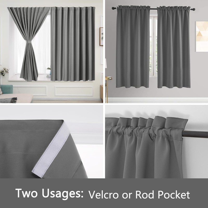 Muamar Velcro Blackout Curtains for Bedroom 2 Panels with Tiebacks(Grey,