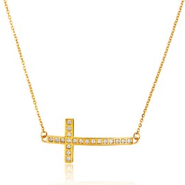 West Coast Jewelry ELYA Women's Polished Inlaid Crystal Sideways Cross Gold Plated Stainless Steel Necklace