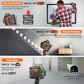GOCHIFIX Nivel láser 360 autonivelante de línea verde herramienta de nivel láser de pared receptor de soporte de succión de 100 pies línea láser para 