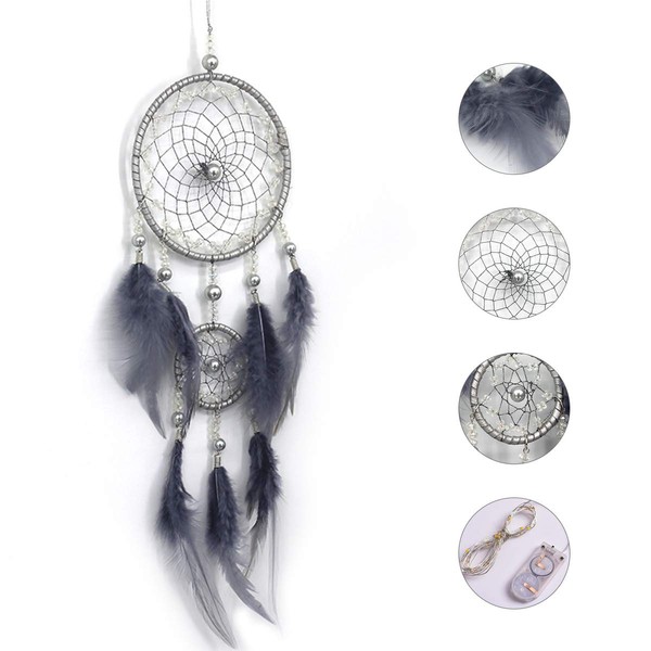 Camidy Dream Catcher with Feathers, Indian Style Knitted Circular Net Feather Fairy Hanging Dream Catcher Home Room Wall Hanging Decor … (Grey)