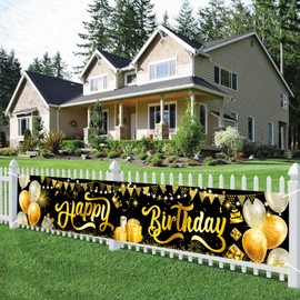 Happy Birthday Banner Black Gold Birthday Backdrop Banner,Large Happy Birthday Decorations for Girls Boys,Birthday Fabric Photo Backdrop Signs for Kids Teenager Aldults Birthday Party,300×50cm