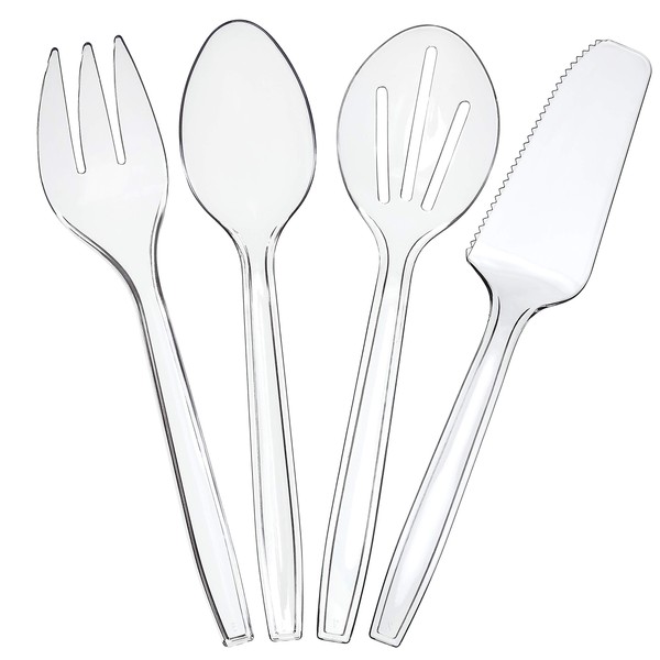 Plasticpro Disposable Plastic Serving Utensils Set of 24 6 Spoons, 6 Forks 6 Knives, 6 Sifting Spoons, Clear Heavyweight