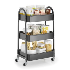 EAGMAK 3 Tier Rolling Cart Under Desk, Metal Storage Cart with Handle and Lockable Wheels, Multifunctional Storage Organizer Trolley with Mesh Baskets for Kitchen, Living Room, Office, Garage (Black)