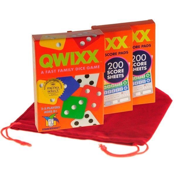 Deluxe Games and Puzzles QWIXX Dice Game, 2 Replacement Scoresheet Packs, RED Velvet Drawstring Pouch, Bundled Items