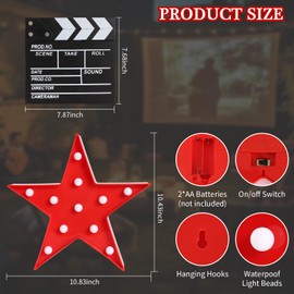 Movie Theater Decor,Film Clapper Board and Light LED Star Sign Movie Props for Night Decorations,Home Room Theater Decor Party Supplies