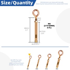 Glarks 8pcs M8 Concrete Eye Bolts, Carbon Steel Expansion Screws Closed Hook Bolts, Colored Zinc Plated Expansion Eye Bolt Screw Anchor for Wall Masonry Concrete Expansion Heavy Duty Bolts