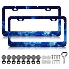 Cloud License Plate Frame - 2PCS Blue Cloud Sky Moon Aluminium Metal License Plate Holder, Rust-Proof Waterproof Car Decorative Tag Frames