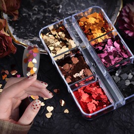 6 Grids Valentines Day Nail Art Heart Glitter 3D Nail Decals Holographic Nail Sequins Confetti Nails Designs Valentine Glitter Sticker for Women Nail Decoration Eye Face Body DIY Crafts