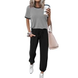 MASCOMODA Womens 2 Piece Outfits 2025 Summer Tracksuit Sets Short Sleeve Tops Travel Long Pants Jogger Lounge Set(Grey Black,Medium)