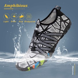 WateLves - Zapatos de agua para hombre y mujer, zapatos de natación de playa descalzos, de secado rápido, para piscina, para surf, yoga, aeróbicos de agua, Line Black White, 10.5 Women/9 Men