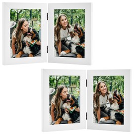 Frametory, 5x7 Double Picture Frame Hinged 2 Photos Frame Collage, Desk Picture Frame with Glass, Side by Side Frame Vertical (White, 2 Pack)