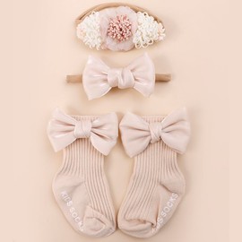 mligril Baby Girls Headband & Socks Set, Cute Non Slip Cotton Socks with Flower Hair Bows Baby Accessories Gifts for Newborn Infant Toddler