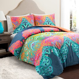 Lush Decor Boho Chic Reversible Cotton Duvet Cover Queen Size 3 Piece Set Full/Queen Turquoise & Navy - Colorful Bedding Set Queen Duvet - Boho Decor