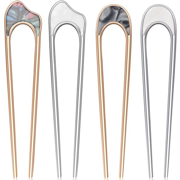 4 Pieces U Shaped Hair Pin Stick Vintage Metal Hair Pin Fork Sticks Hair Chignon Pins Elegant Hair Chopsticks U Shaped Headdress U Sticks Pins Hair Styling Accessory for Woman Girls (Gold and Silver)