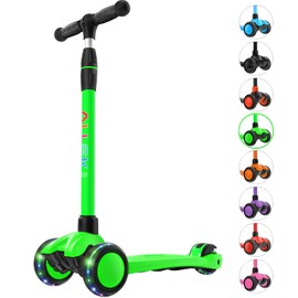 Allek Kick Scooter B03, Lean 'N Glide 3-Wheeled Push Scooter with Extra Wide PU Light-Up Wheels, Any Height Adjustable Handlebar and Strong Thick Deck for Children from 3-12yrs (Lime Green)