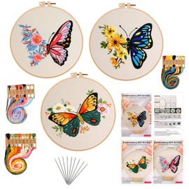 Chwang 3Pcs Butterfly Embroidery Kits, Beginners Embroidery Stitch Practice kit, Hand DIY Cross Stitch Kits for Wall Decoration,Kids Adults Crafts Embroidery Starter Kit (Style 1 - Butterfly)